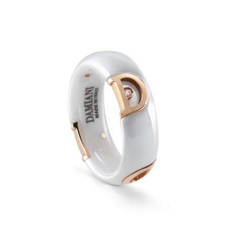 Damiani anello D.Icon 7mm ceramica bianca oro rosa 1 diamante